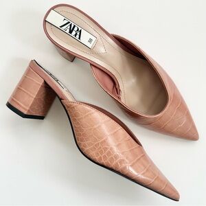 Zara Camel Croc-Patterned Mules